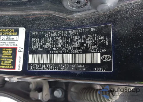 2015 Toyota Camry Se из США, поврежденный, VIN 4T1BF1FK6FU008672